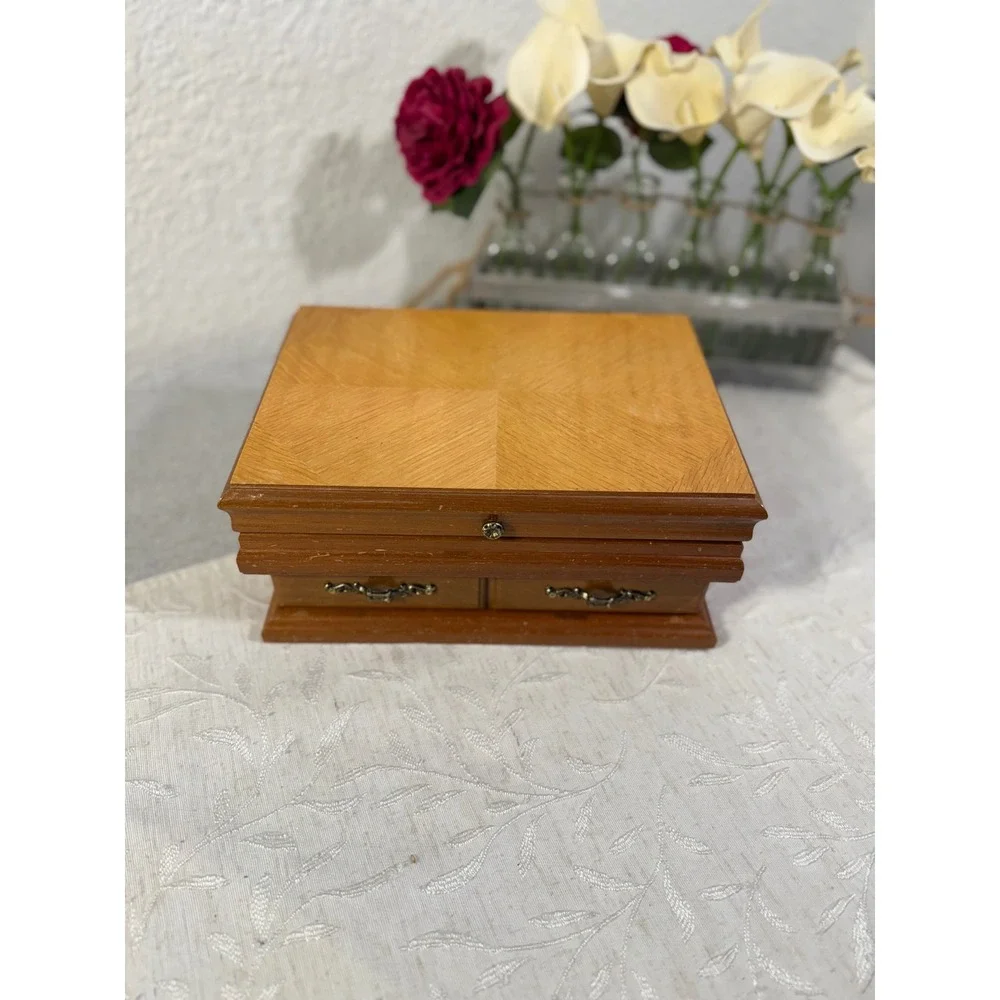Vintage Wooden Jewelry Box Mirror Drawer Brass Hardware Brown Estate Organzier